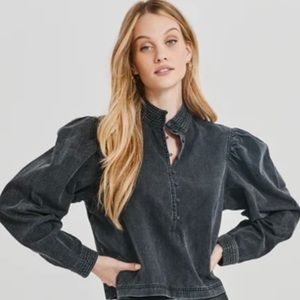 Something Navy Puff Sleeve Chambray Washed Black denim shirt